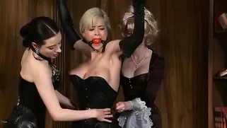 Sexy Busty Blonde In Stocking Is Getting Chained By Two Ladies