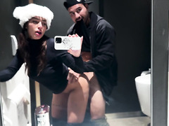 Fit Round Assed Latina Cutie In A Furry Hat Sucks Her BF’s Dick & Gets Fucked In The Public Toilet
