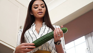 Busty Housewife In Sexy Lingerie Uses A Cucumber For Her Awesome Solo Show