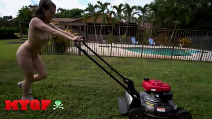 MY GF   Petite Brunette Spencer Bradley Does Her Weekend Chores, Mowing The Lawn & Taking A Big Cock In Her Pussy